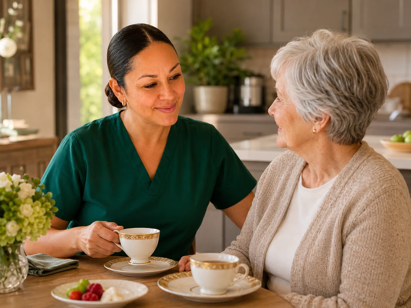 Caregiver sharing tea and companionship with an older woman in a home kitchen