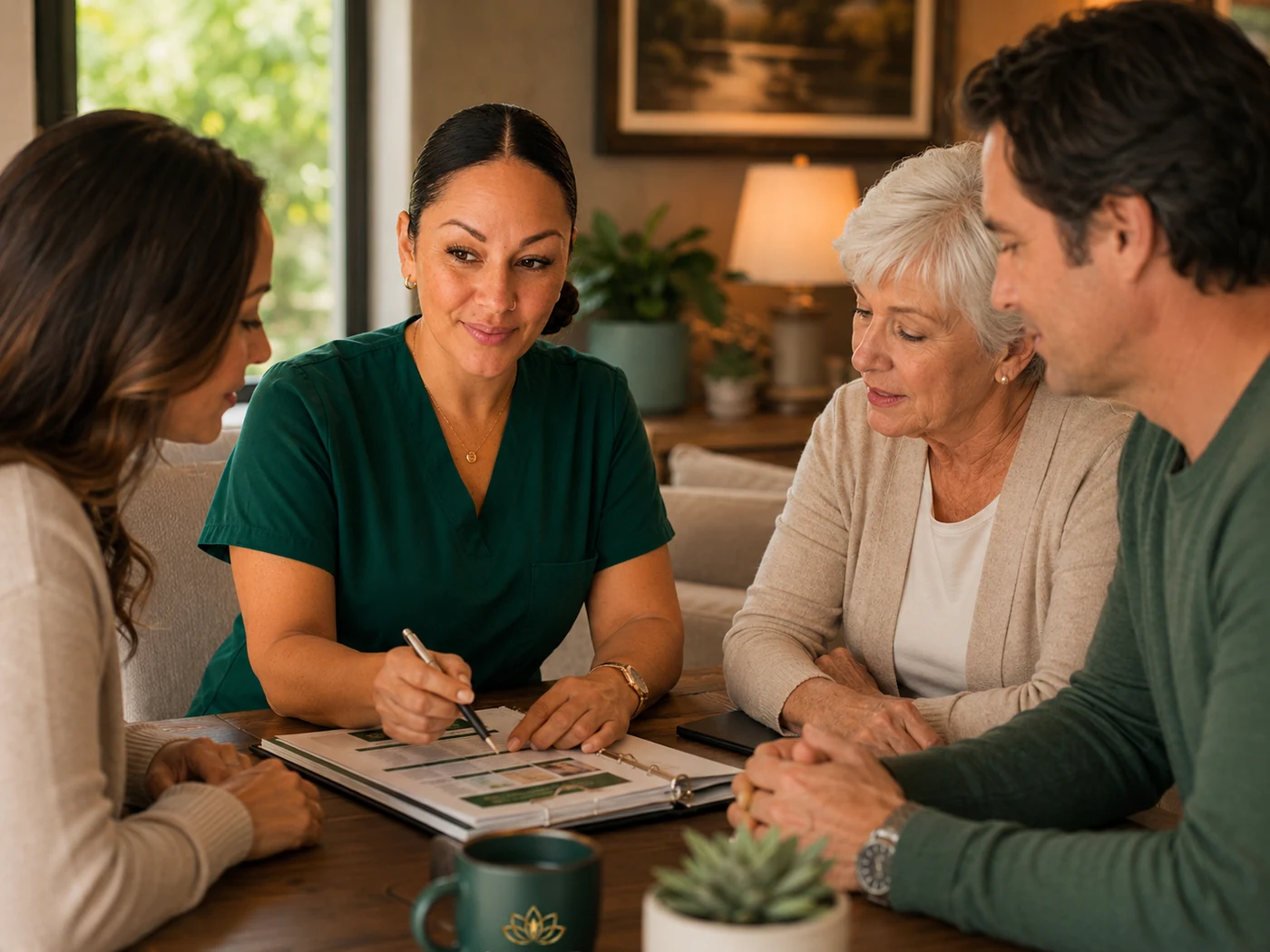 Care director meeting with a family to review a personalized care plan