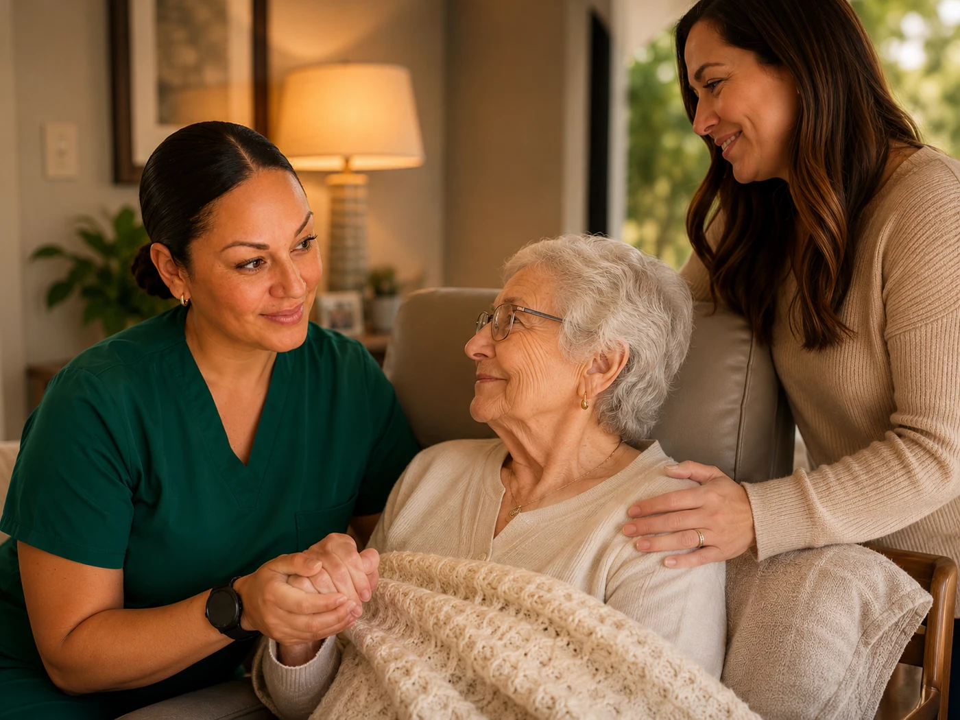Caregiver holding the hand of a senior while a family member stands nearby
