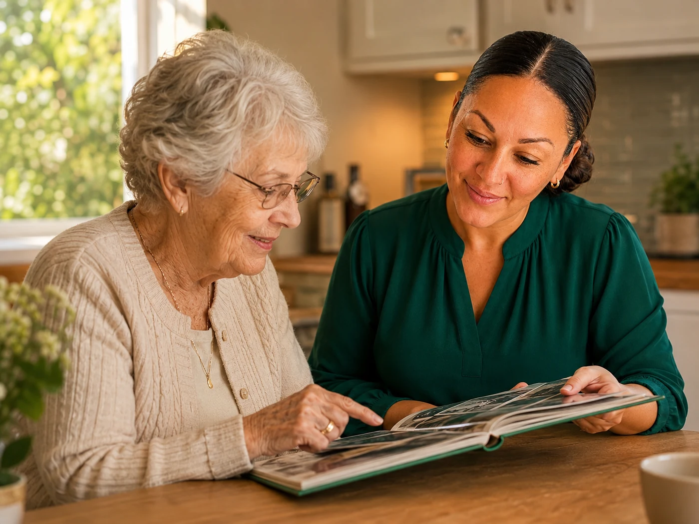 Caregiver and senior looking through a photo album together