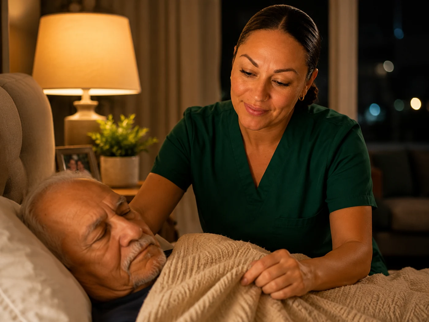 Caregiver providing overnight reassurance and blanket support to a senior