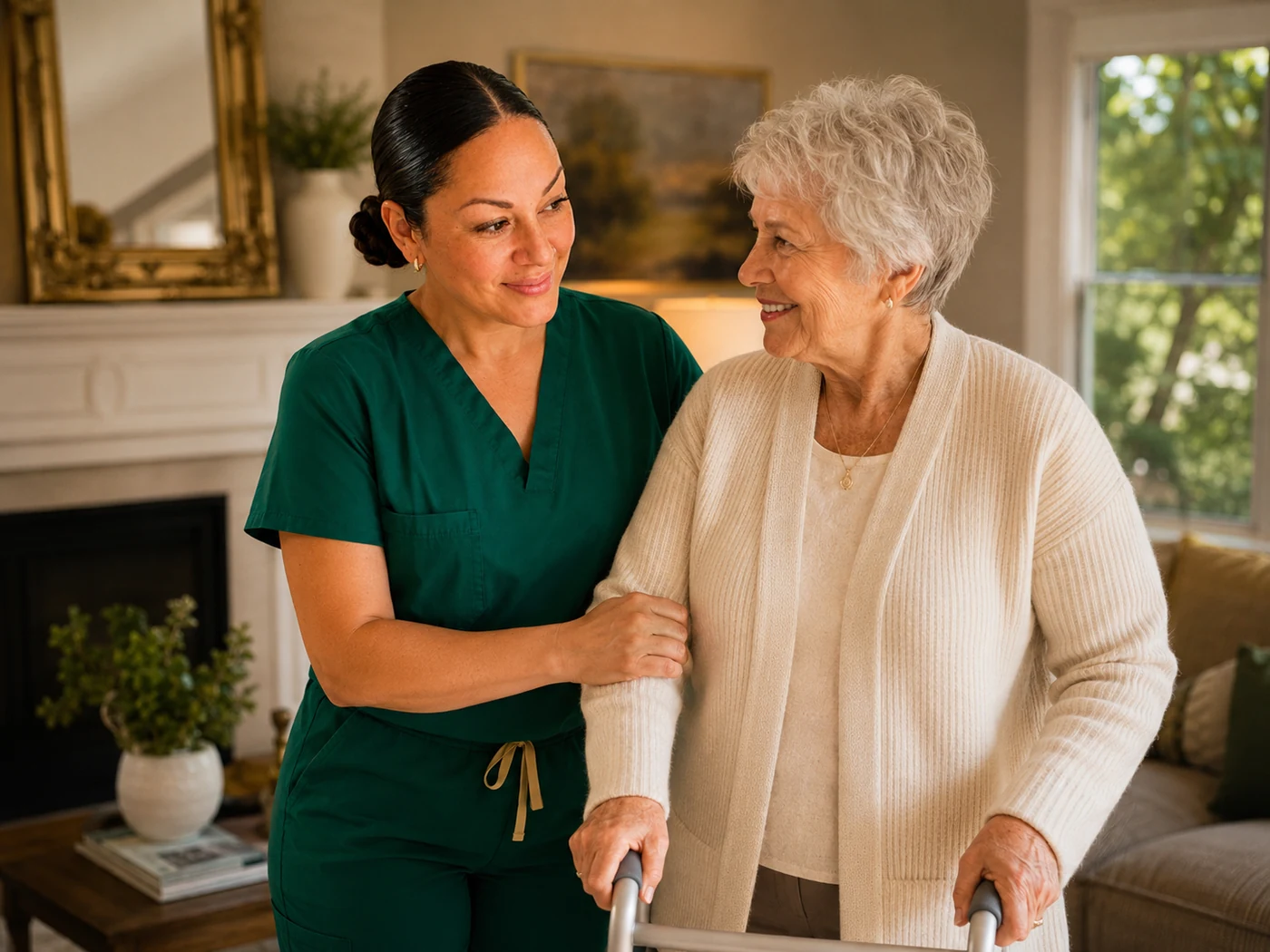 Caregiver helping an elderly woman walk safely at home